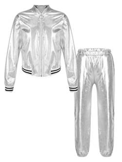 FEESHOW Kinder Mädchen Hip Hop Jazz Tanzkleidung Glänzendes Holografische Sweatjacke Bomberjacke Skaterrock/Shorts/Hose Set für Tanz Festival Party Silber_C 170 von FEESHOW