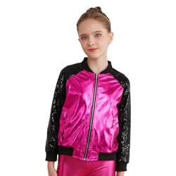 FEESHOW Kinder Mädchen Jungen Pailletten Jacke Glänzende Metallic Sweatjacke mit Reißverschluss Jazz Hip Hop Performance Tanzsport Kostüm Dancewear Hotpink_B 122-128/7-8 Jahre von FEESHOW