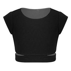 FEESHOW Kinder Mädchen Sport Top T-Shirt Kurz Oberteile Bauchfrei Stretch Sport BH/Shirt Für Ballett Tanz Workout Fitness Schwarz 110-116 von FEESHOW