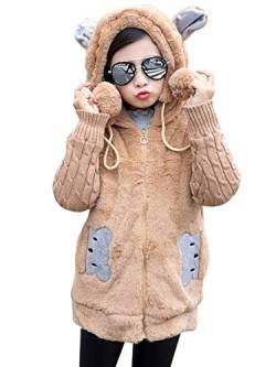 FEESHOW Kinder Mädchen Warme Teddy Fleece Jacken Mäntel mit Kapuze Niedliche Bär Ohr Hoodie Kapuzenjacke Übergangsjacke Herbst Winter Outwear Khaki 122-128 von FEESHOW