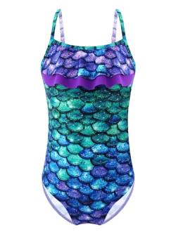 FEESHOW Mädchen Einteiliger Badeanzug Meerjungfrau Pferde Druck Schwimmanzug mit Träger Sommer Urlaub Strandkleidung Swimsuit Lila Fischschuppen_J 134-140/9-10 Jahre von FEESHOW