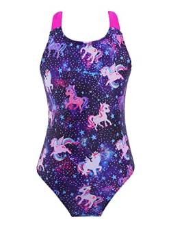 FEESHOW Mädchen Einteiliger Badeanzug Meerjungfrau Pferde Druck Schwimmanzug mit Träger Sommer Urlaub Strandkleidung Swimsuit Pegasus Schwarz 122-128/7-8 Jahre von FEESHOW