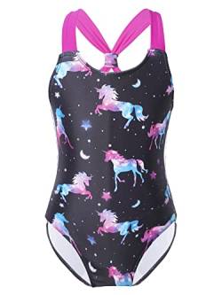 FEESHOW Mädchen Einteiliger Badeanzug Meerjungfrau Pferde Druck Schwimmanzug mit Träger Sommer Urlaub Strandkleidung Swimsuit Schwarz 146-152/11-12 Jahre von FEESHOW