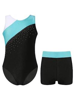 FEESHOW Mädchen Gymnastikanzug Turntrikot Gymnastik Shorts Set Ballettbody Leotard Tanztrikot Kurze Hose Trainingsanzug Wettbewerb Tanzkostüm F_Blaugrün 170-176 von FEESHOW