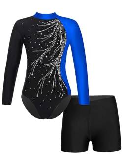 FEESHOW Mädchen Kinder Gymnastikanzug Ballett Gymnastikbody Turntrikot Gymnastikhose Shorts Sport Tanzoutfit Athletic Wettkampf Trainingsanzüge C_Blau 122-128/7-8 Jahre von FEESHOW