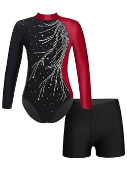 FEESHOW Mädchen Kinder Gymnastikanzug Ballett Gymnastikbody Turntrikot Gymnastikhose Shorts Sport Tanzoutfit Athletic Wettkampf Trainingsanzüge C_Burgundy 146-152/11-12 Jahre von FEESHOW