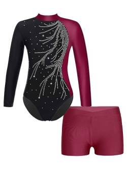 FEESHOW Mädchen Kinder Gymnastikanzug Ballett Gymnastikbody Turntrikot Gymnastikhose Shorts Sport Tanzoutfit Athletic Wettkampf Trainingsanzüge F_Burgundy 158-164/13-14 Jahre von FEESHOW