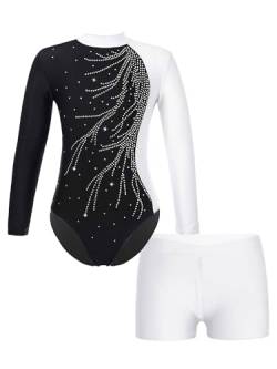 FEESHOW Mädchen Kinder Gymnastikanzug Ballett Gymnastikbody Turntrikot Gymnastikhose Shorts Sport Tanzoutfit Athletic Wettkampf Trainingsanzüge F_Weiß 122-128/7-8 Jahre von FEESHOW