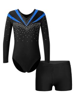 FEESHOW Mädchen Kinder Gymnastikanzug Ballett Gymnastikbody Turntrikot Gymnastikhose Shorts Sport Tanzoutfit Athletic Wettkampf Trainingsanzüge G_Blau 122-128/7-8 Jahre von FEESHOW