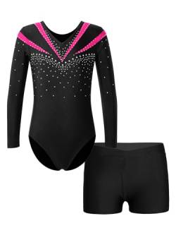 FEESHOW Mädchen Kinder Gymnastikanzug Ballett Gymnastikbody Turntrikot Gymnastikhose Shorts Sport Tanzoutfit Athletic Wettkampf Trainingsanzüge G_Pink 110-116/5-6 Jahre von FEESHOW