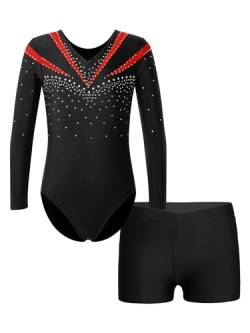 FEESHOW Mädchen Kinder Gymnastikanzug Ballett Gymnastikbody Turntrikot Gymnastikhose Shorts Sport Tanzoutfit Athletic Wettkampf Trainingsanzüge G_Rot 110-116/5-6 Jahre von FEESHOW