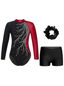 FEESHOW Mädchen Kinder Gymnastikanzug Ballett Gymnastikbody Turntrikot Gymnastikhose Shorts Sport Tanzoutfit Athletic Wettkampf Trainingsanzüge P_Burgundy&Schwarz 170 von FEESHOW