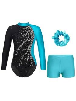 FEESHOW Mädchen Kinder Gymnastikanzug Ballett Gymnastikbody Turntrikot Gymnastikhose Shorts Sport Tanzoutfit Athletic Wettkampf Trainingsanzüge P_Türkis 134-140 von FEESHOW