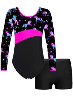 FEESHOW Mädchen Kinder Gymnastikanzug Bedruckte Turntrikot Ballett Gymnastikbody Gymnastikhose Shorts Sport Tanzoutfit Athletic Wettkampf Trainingsanzüge A_Pegasus&Schwarz 98-104/3-4 Jahre von FEESHOW