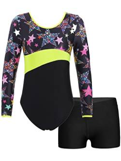 FEESHOW Mädchen Kinder Gymnastikanzug Bedruckte Turntrikot Ballett Gymnastikbody Gymnastikhose Shorts Sport Tanzoutfit Athletic Wettkampf Trainingsanzüge A_Stern&Schwarz 122-128/7-8 Jahre von FEESHOW