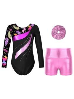 FEESHOW Mädchen Kinder Gymnastikanzug Bedruckte Turntrikot Ballett Gymnastikbody Gymnastikhose Shorts Sport Tanzoutfit Athletic Wettkampf Trainingsanzüge J_Rosa 122-128 von FEESHOW