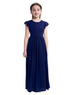 FEESHOW Mädchen Kleid Festlich Chiffonkleid Kurzarm Bodenlang Prinzessin Kleid A-Linie Partykleid Ballkleid Hochzeit Festival Abend Outfit Dunkelblau 140 von FEESHOW