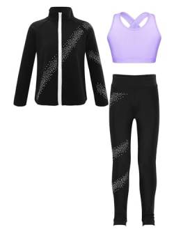 FEESHOW Mädchen Sport Kleidung Set Eiskunstlauf Anzug Sport BH Sport Leggings Sweatjacke Set Kinder Eislaufen Trainingsoutfit Yoga Workout Outfit Lavendel_B 146-152 von FEESHOW