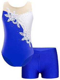 FEESHOW Mädchen Turnanzug Ärmellose Gymnastikbody Ballettbody Turntrikot Gymnastik Shorts Leggins Set Wettkampf Trainingsanzüge Tanzoutfit A_Königsblau 110-116/5-6 Jahre von FEESHOW