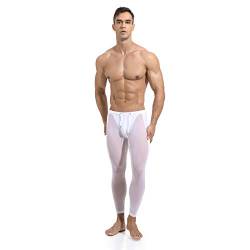 FEESHOW Männer Leggings Durchsichtig Lange Unterhose Sport Unterwäsche Strumpfhose Herren Sexy Transparent Mesh Hose Tights Pantyhose Weiß XL von FEESHOW