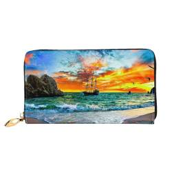 FEETOX Piratenschiff im Sonnenuntergang Lange Clutch Geldbörse Leder Geldbörsen Clutch Leder Geldbörsen Mode Leder Geldtasche Lange Bifold Leder Billfold, Schwarz , Einheitsgröße von FEETOX