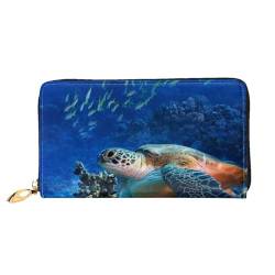 Sea Turtle with Fishes Long Clutch Wallet Leather Purses Clutch Leather Wallets Fashion Leather Moneybag Long Bifold Leather Billfold, Schwarz , Einheitsgröße von FEETOX