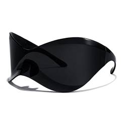 FEISEDY Übergroße Futuristische Schild Sonnenbrille für Damen Herren Alien Wrap Around Y2K Mode Visier mit UV400 Schutz B9101,Schwarz von FEISEDY