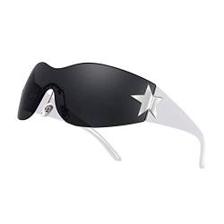 FEISEDY Y2K Wraparound Sonnenbrille Damen Punk Randlose Brille Mit Sternform-Tag Futuristisch und Techno-Stil B9090 von FEISEDY