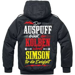 FELDWEGHEIZER WINTER Feldjacke mit Kapuze Benzin im Blut Simson Moped Spruch auf dem Rücken von FELDWEGHEIZER