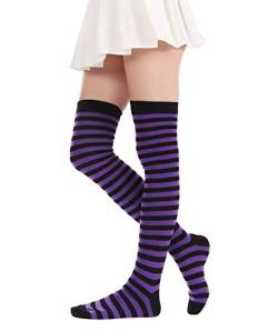 Overknee Gestreifte Socken Neuheit Kostüm Blickdicht Lange Oberschenkel Hohe Socken für Frauen Mädchen, #2 Lila Schwarz, Einheitsgröße von FELIZHOUSE