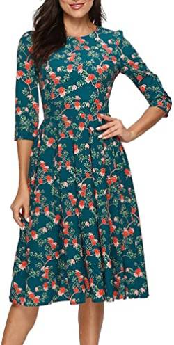 FELOVE Damen Cocktailkleid Vintage Elegant Party Knielang Rundhalsausschnitt Blumen Faltenrock Retro Rockabilly 1950er A-Line Midilang 3/4 Ärmel Abendkleider festlich Ballkleid Brautjungfernkleider von FELOVE