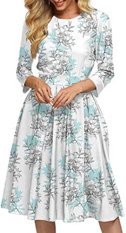 FELOVE Damen Cocktailkleid Vintage Elegant Party Knielang Rundhalsausschnitt Blumen Faltenrock Retro Rockabilly 1950er A-Line Midilang 3/4 Ärmel Abendkleider festlich Ballkleid Brautjungfernkleider von FELOVE