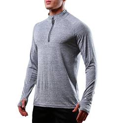 Herren Langarm Laufshirt, Schnelltrocknendes Funktions Sweatshirt, Base Layer Sportshirt, Reißverschluss am Stehkragen, Daumenlöcher, Reißverschlusstasche für Outdoor Fitness Wandern (Hellgrau;M) von FELiCON