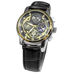 FEMBW Stilvolle Armbanduhr Herren Chronograph Quarzuhr mit DREI Zeigern und Datumsanzeige，Edelstahlarmband oder Leder Strap (Schwarzer Ledergürtel mit Goldschale und Goldoberfläche) von FEMBW