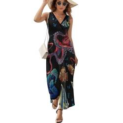 FENAC Oktopus-Wellen Damen Ärmelloses Maxikleid Lang Kleid V-Ausschnitt Strandkleid Freizeitkleid von FENAC