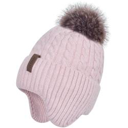 FENELY Damen Knit Pom Beanie Mütze Winter Warm Fleece Gefüttert Skull Cap für Frauen, Pink, Einheitsgröße von FENELY