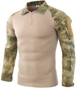 FENG Tactical Military Combat T-Shirt für Herren Langarm Slim Fit Camo Shirt Militäruniform Airsoft Zubehör Jagd Wandern (Ruin Green,M) von FENG