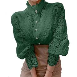 Damen Elegant Spitzenbesatz Hemden Casual Viktorianische Bluse Langarm Button Down Tops, smaragdgrün, X-Groß von FENGQIYUNHAI