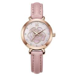FENKOO Damen Modeuhr Quartz Leder Band Armbanduhr/Blume Rosa von FENKOO