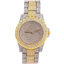 FENKOO Damen Uhr Luxusuhr Armbanduhr Diamond Watch Edelstahl Silber/Gold Chronograph Kreativ Analog Damas Simulierte Diamant-Uhr Elegant Goldene Uhr mit (Color : Inter-Gold) von FENKOO