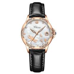 FENKOO Frauen Mode Wasserdicht Quarz Uhren Diamanten Kalender Rose Gold Uhr Relogios Feminino (Farbe : Schwarz) von FENKOO