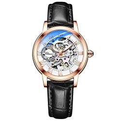 FENKOO Lässige Damenuhr Gürtel Rose Gold Shell leuchtende wasserdichte automatische Skelett mechanische Uhr (Farbe : Schwarz) von FENKOO