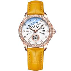 FENKOO Mechanische Damenuhren,Ausgehöhlte automatische Diamant wasserdicht leuchtende Damenuhr Frauen mechanisch relogio Feminino (Farbe : Yellow) von FENKOO