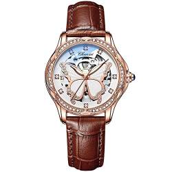 FENKOO Mode Damen Automatik Mechanische Uhr Rose Gold Schmetterling Zifferblatt Leuchtend Diamant wasserdichte Uhr (Farbe : Braun) von FENKOO