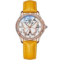 FENKOO Mode Damen Automatik Mechanische Uhr Rose Gold Schmetterling Zifferblatt Leuchtend Diamant wasserdichte Uhr (Farbe : Orange) von FENKOO