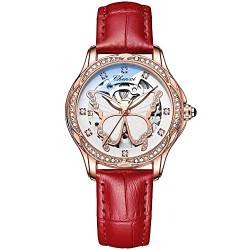 FENKOO Mode Damen Automatik Mechanische Uhr Rose Gold Schmetterling Zifferblatt Leuchtend Diamant wasserdichte Uhr (Farbe : Rot) von FENKOO