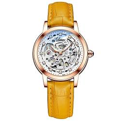 FENKOO Mode Damenuhr Gürtel Diamant Wasserdicht Automatik Skelett Mechanische Uhr (Farbe : Orange) von FENKOO