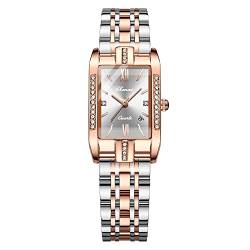 FENKOO Mode Rechteck Damenuhr Kalender solide Stahlband wasserdicht Band Diamant Englisch Uhr (Farbe : Weiß) von FENKOO