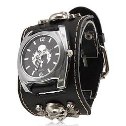 fenkoo Unisex Punk Stil Totenkopf Muster Schwarz PU-Band Quarz-Armbanduhr von FENKOO