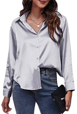 Damen Bluse Elegant Langarmshirt Oberteil Locker Hemd Shirts Satin Business M Grau von FEOYA